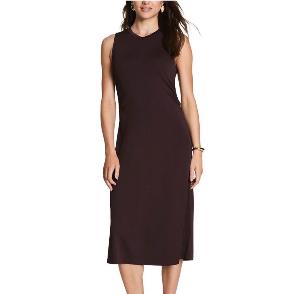 Spanx Sleek Jersey Crewneck Ruched Midi Dress Sleeveless Brown Sz Medium 21831R‎